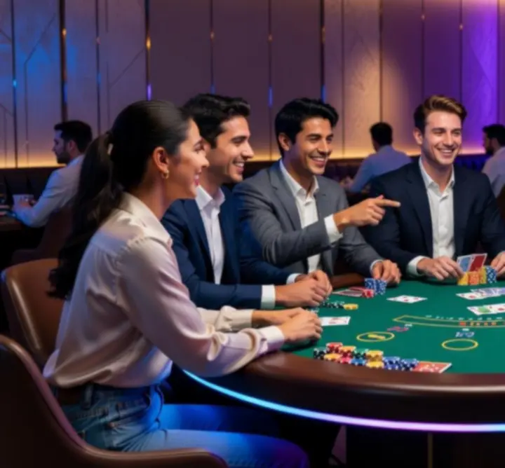 Fiatal vendégek blackjack játék közben, energikus fényekkel.