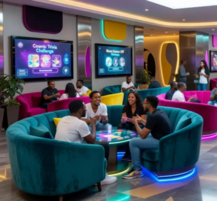 Interaktív közösségi lounge-zóna a Velturo Play-ben, ahol fiatal vendégek beszélgetnek és szórakoznak.